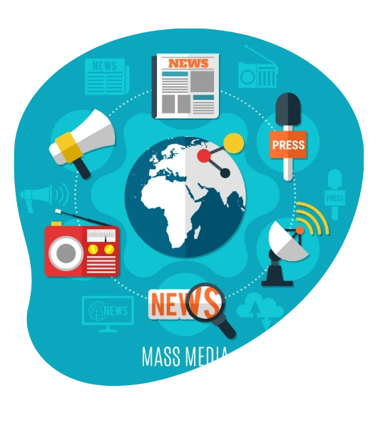 Illustration of mass media tools like radio, press, satellite, and news surrounding a globe